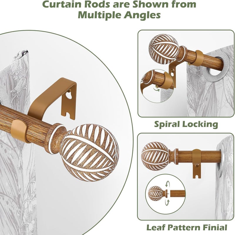HTZON Wood Boho Curtain Rods for Windows 2Pack:Wooden Farmhouse Decorative Curtain Rod for Bedroom Living Room,Heavy Duty Adjustable Rustic Bamboo Drapery Rods with Imitation Wood Finial,Brown 66-120" - Image 3